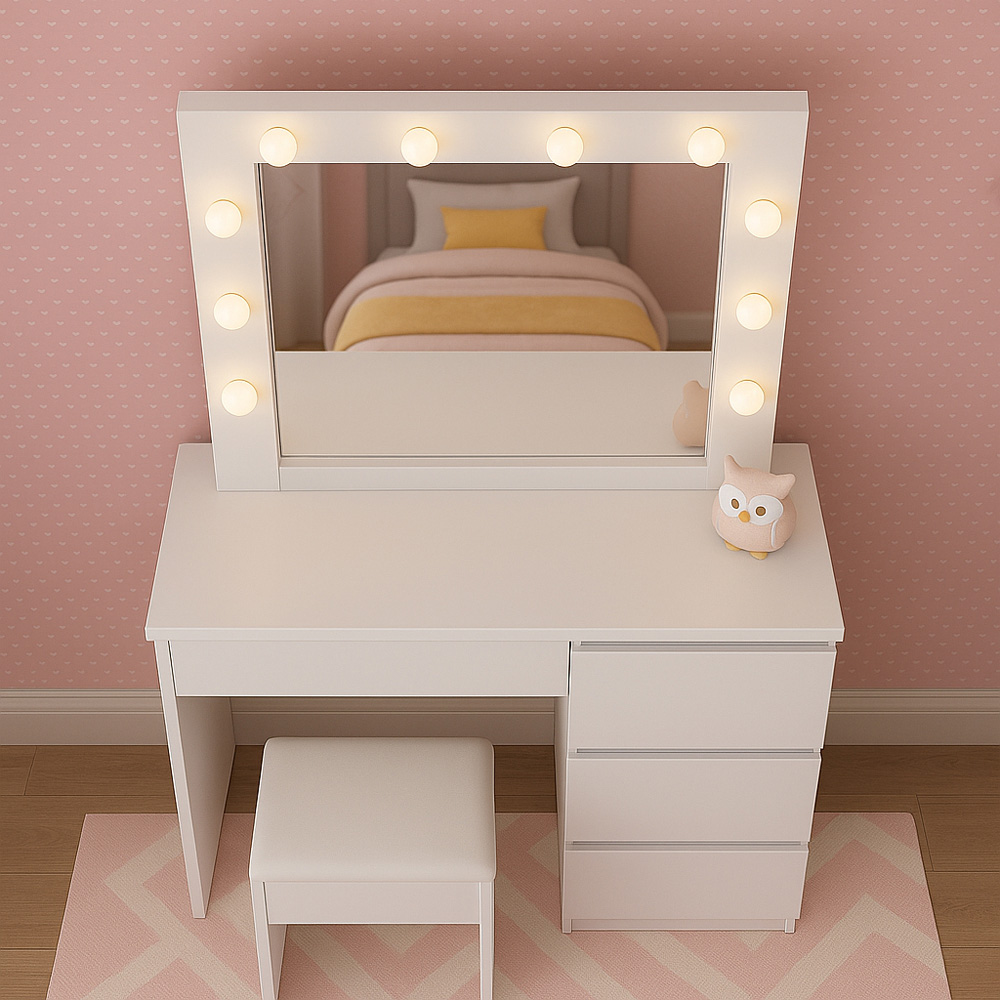 Portland 4 Drawer White Dressing Table Set with LED Mirror Image 6
