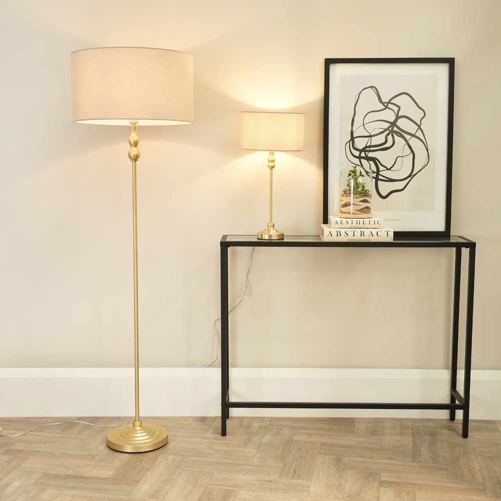 ValueLights Maggie Natural and Gold Drum Shade Candlestick LED Floor Lamp Image 4