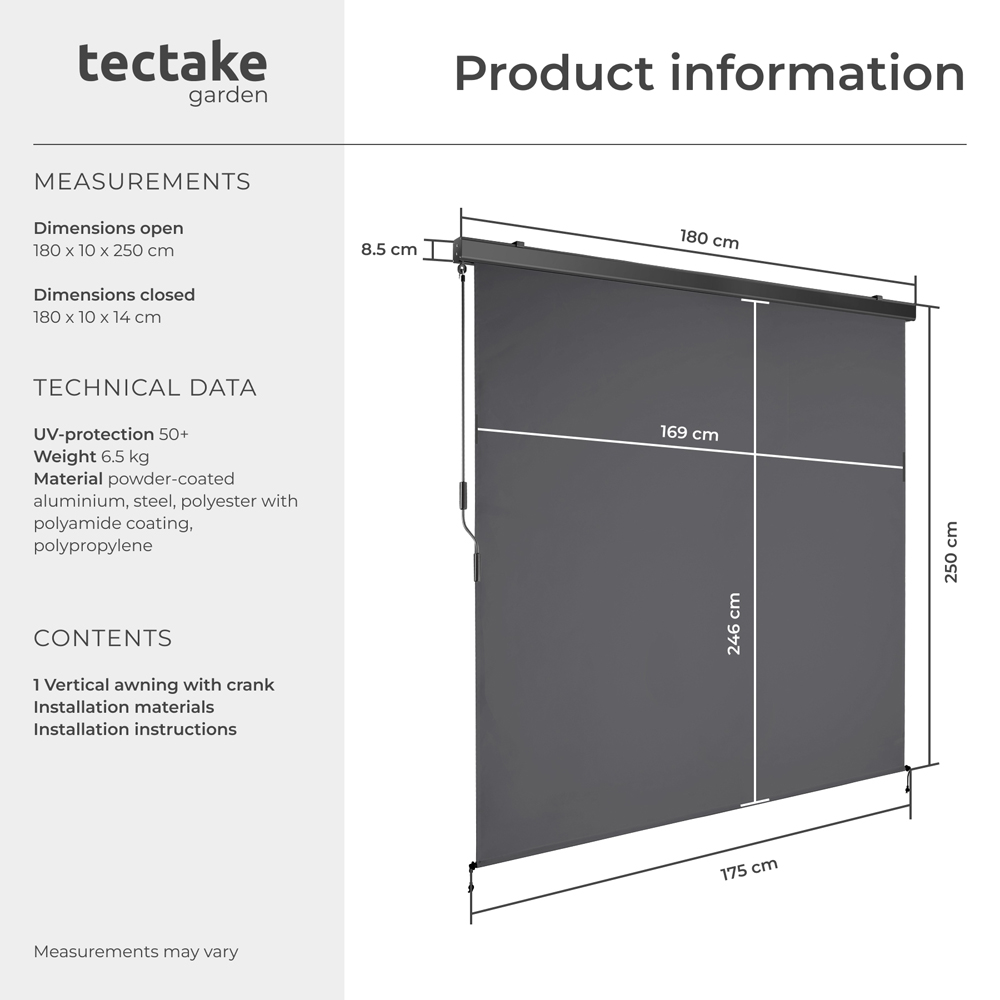 tectake Eloise Black Vertical Awning with 2 Wall Brackets 1.8 x 2.5m Image 8