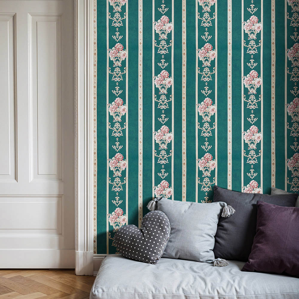 Living and Home Damask Pattern 3D Embossed Dark Green Non-Pasted Non-Woven Vintage Wallpaper Image 2