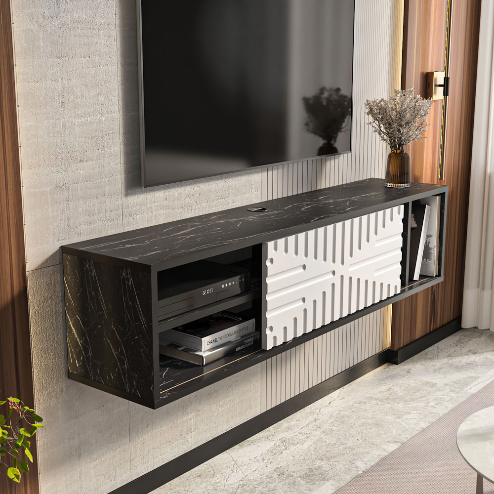Decorotika Single Door 3 Shelf Black Marble and White Floating TV Unit Image 5