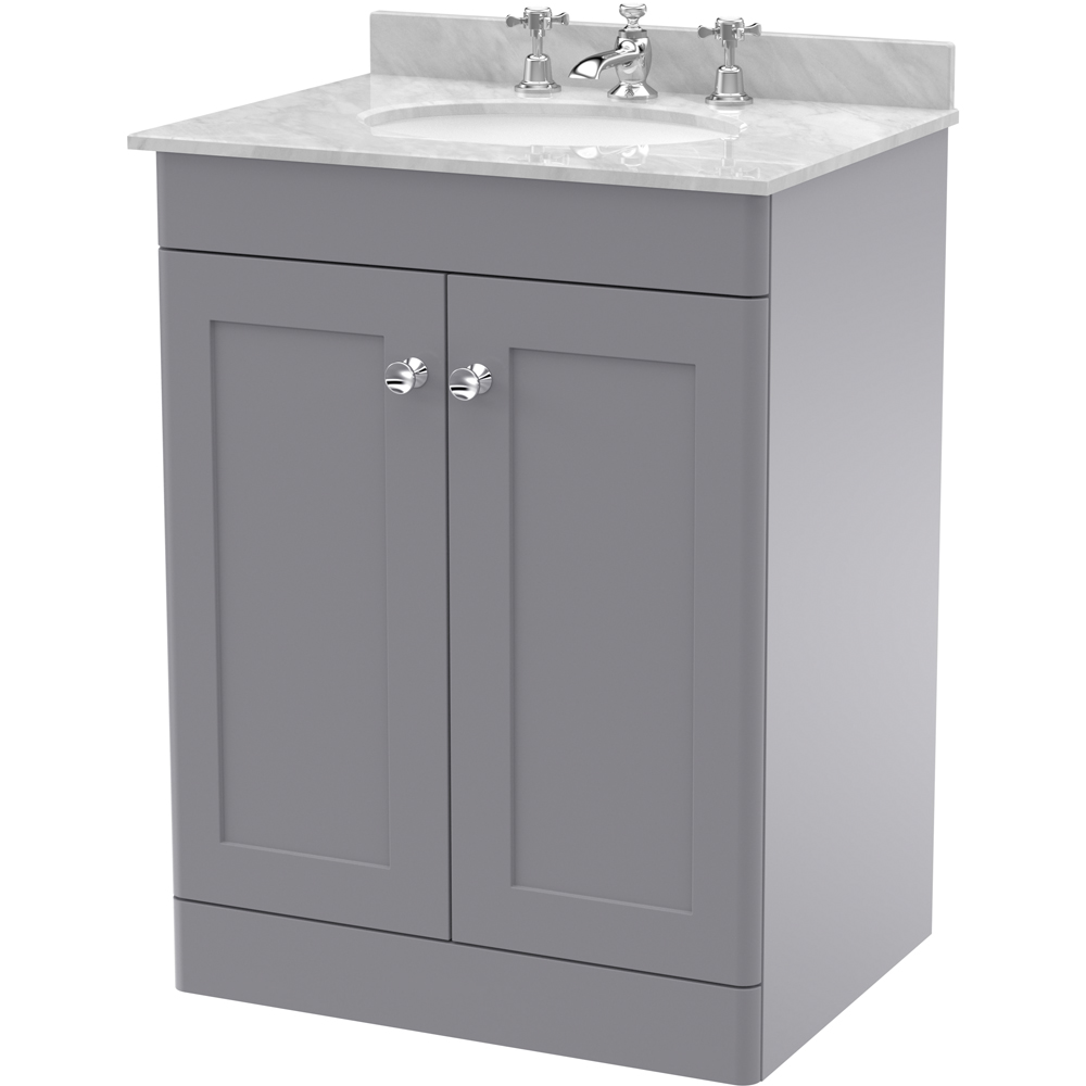 nuie Classique 2 Door Satin Grey Floor Standing Unit and 3 Tap Hole Marble Basin 600mm Image 1