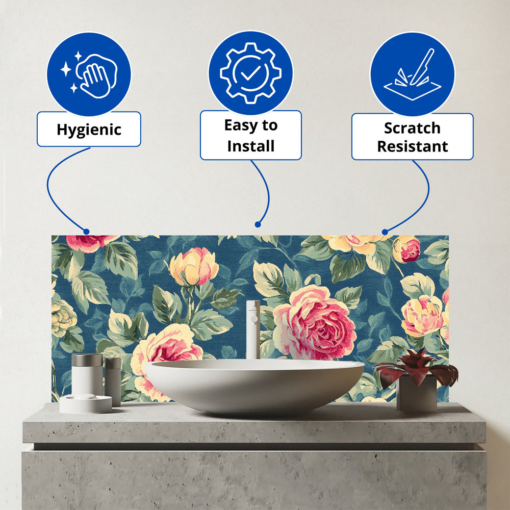 Warren Reed Designer Painting of Vintage Roses Glass Bathroom Splashback 25 x 60cm Image 3