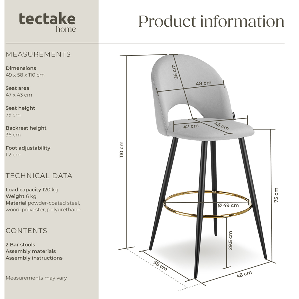 tectake Rachel Light Grey and Black Velvet Look Bar Stool Set of 2 Image 8
