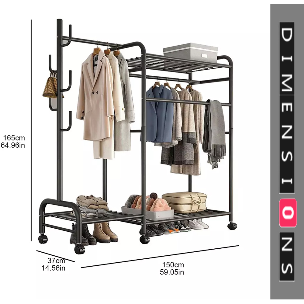 Modcraft 3 Shelf Black Heavy Duty Double Clothes Rail Rack with Wheels Image 5