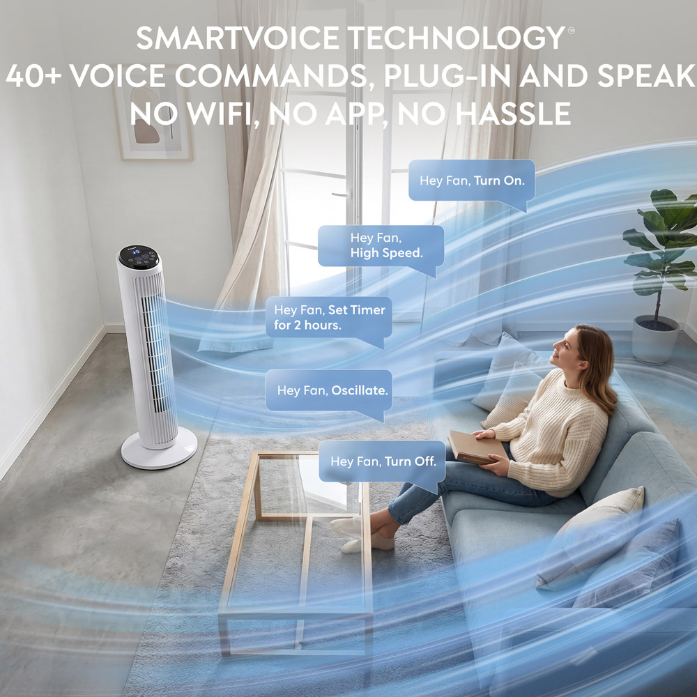Air Pro White SmartVoice Control Oscillating Bladeless Tower Fan with Remote 30 inch Image 3