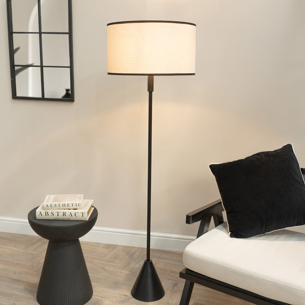 ValueLights Mitch Natural Linen Black Trim Lamp Shade Black Wood Triangle LED Floor Lamp Image 2