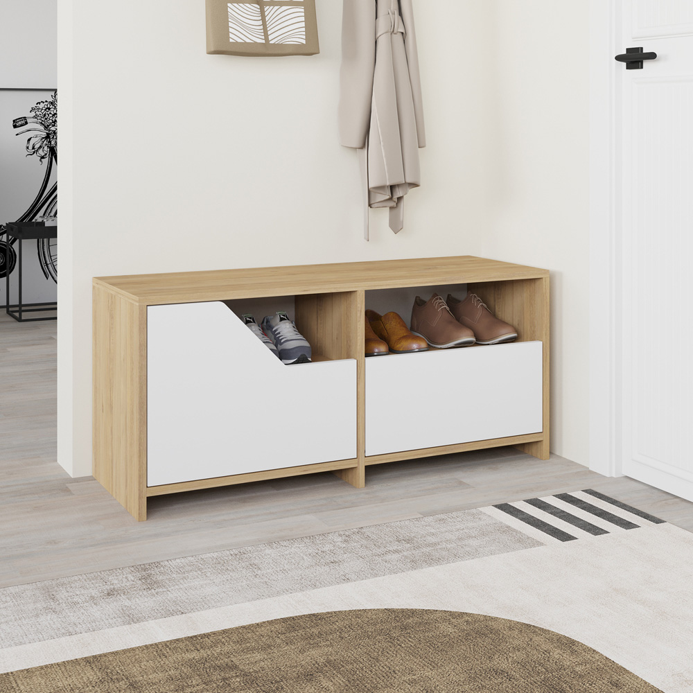 Decortie Nexus 2 Door Single Shelf Oak White Shoe Cabinet Image 4