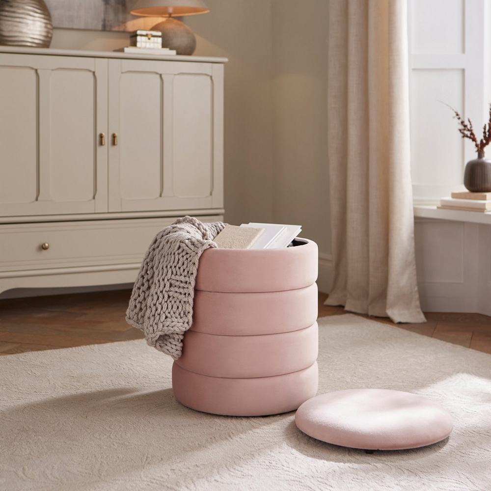 GFW Klara Blush Pink Soft Velvet Storage Stool Image 6