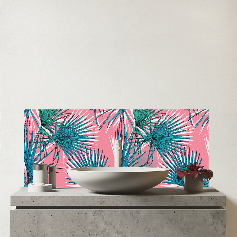 Warren Reed Designer Pink and Green Fan Palms Glass Bathroom Splashback 25 x 60cm Image 1