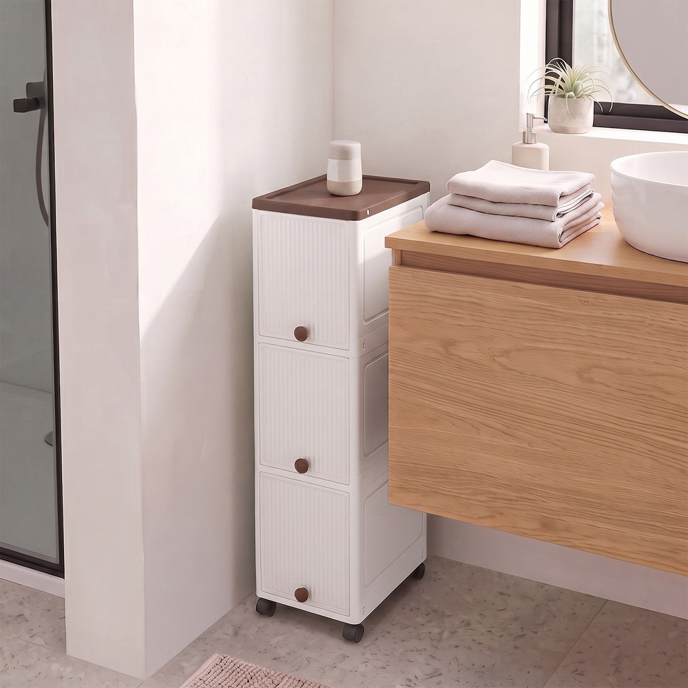 Living and Home 3-Tier White and Brown Slim Storage Cabinet with Wheels Image 2