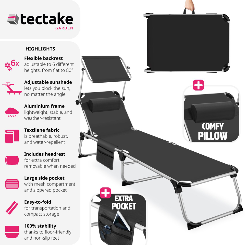 tectake Aurelie Black Foldable and Adjustable Sun Lounger with Headrest Image 4