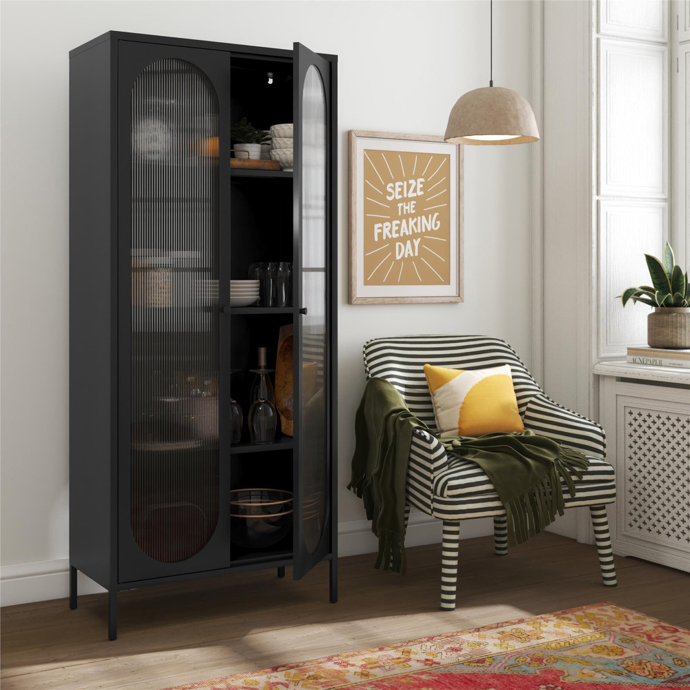 Dorel Luna 2 Door Tall Black Fluted Glass Accent Cabinet Image 7