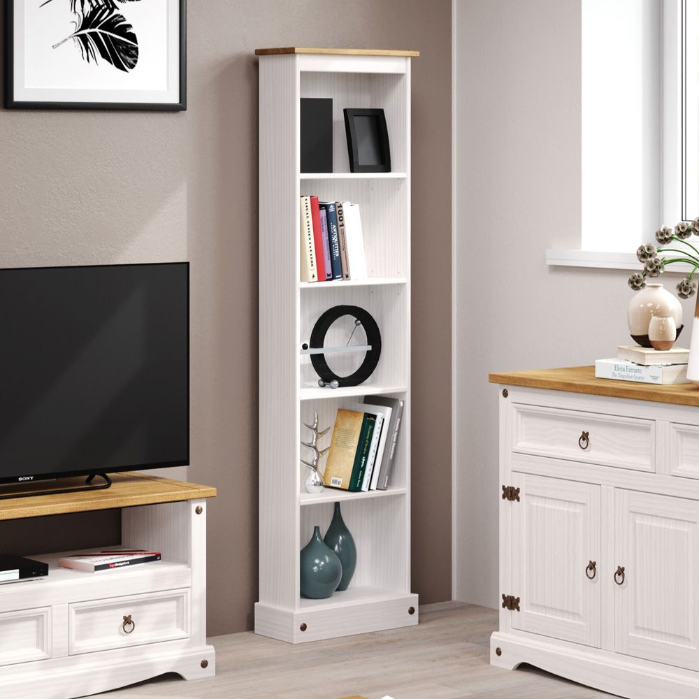 Corona 5 Shelf White Washed Wax Finish Tall Narrow Bookcase Image 4