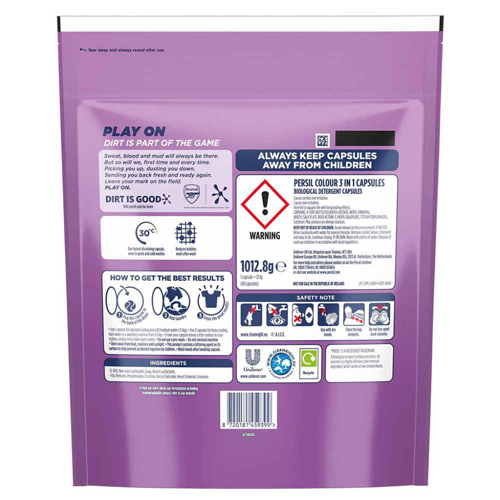 Persil Colour Protect 3 in 1 Washing Capsules 48 Washes 1.012kg 6 Pack Image 3