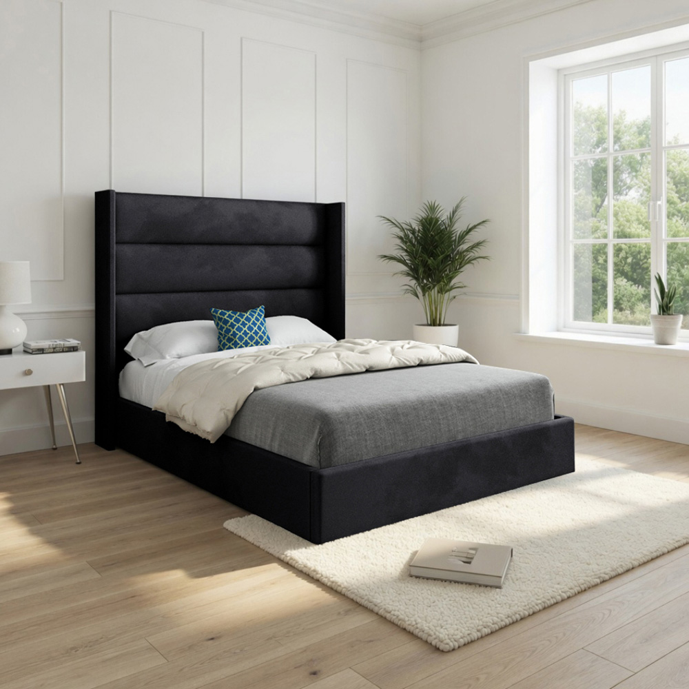 Nuno Black Single Velvet Upholstered Bed Frame with Straight Winged Headboard Image 5