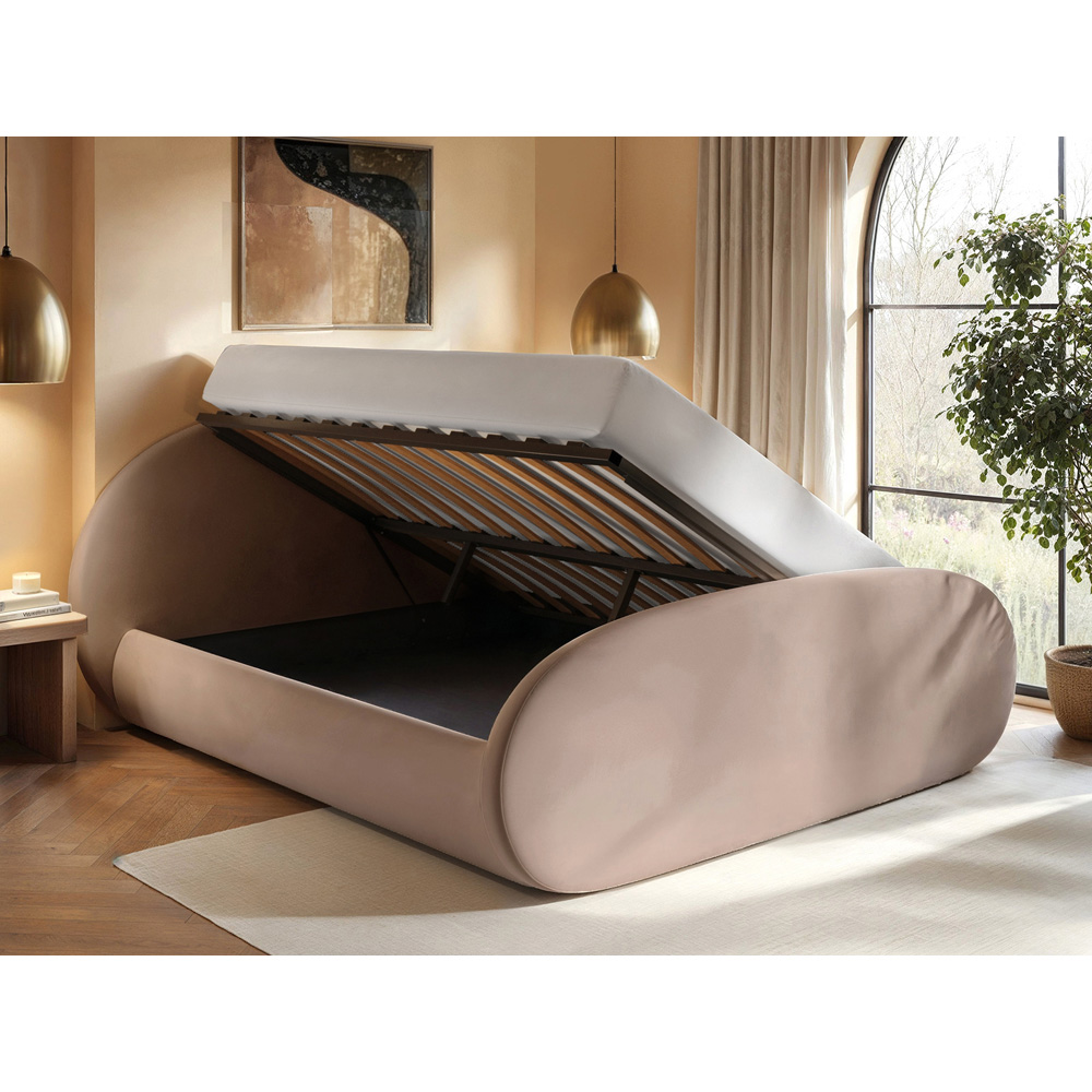 Flair Amos King Size Beige Velvet Sidelift Oval Ottoman Bed Image 5