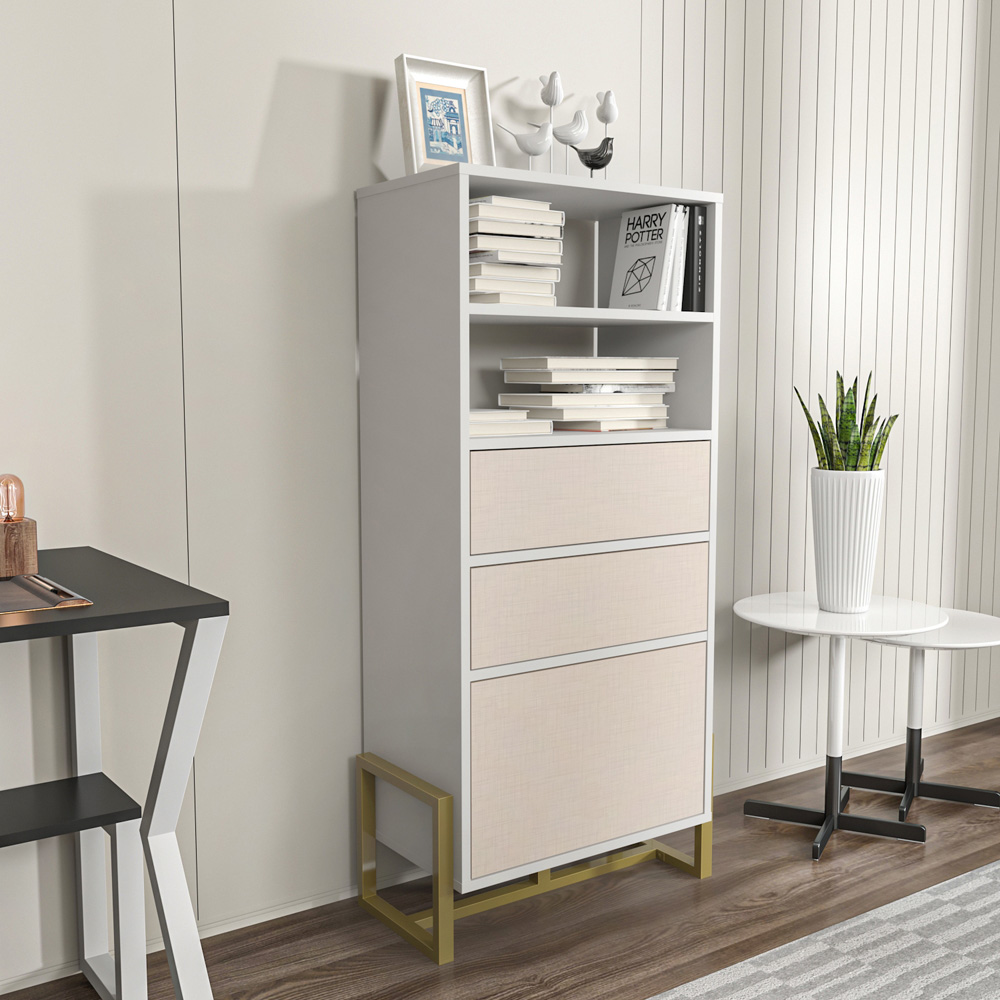 Decorotika Utopie 3 Door 2 Shelf White and Beige Modern Bookshelf Image 8