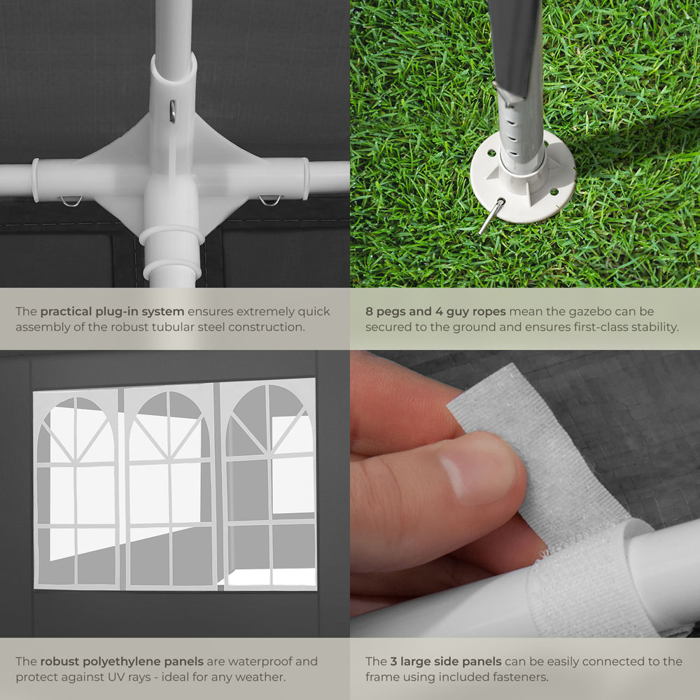 tectake Barinas 3 x 3m Grey Water Resistant Gazebo with 3 Side Panels Image 5