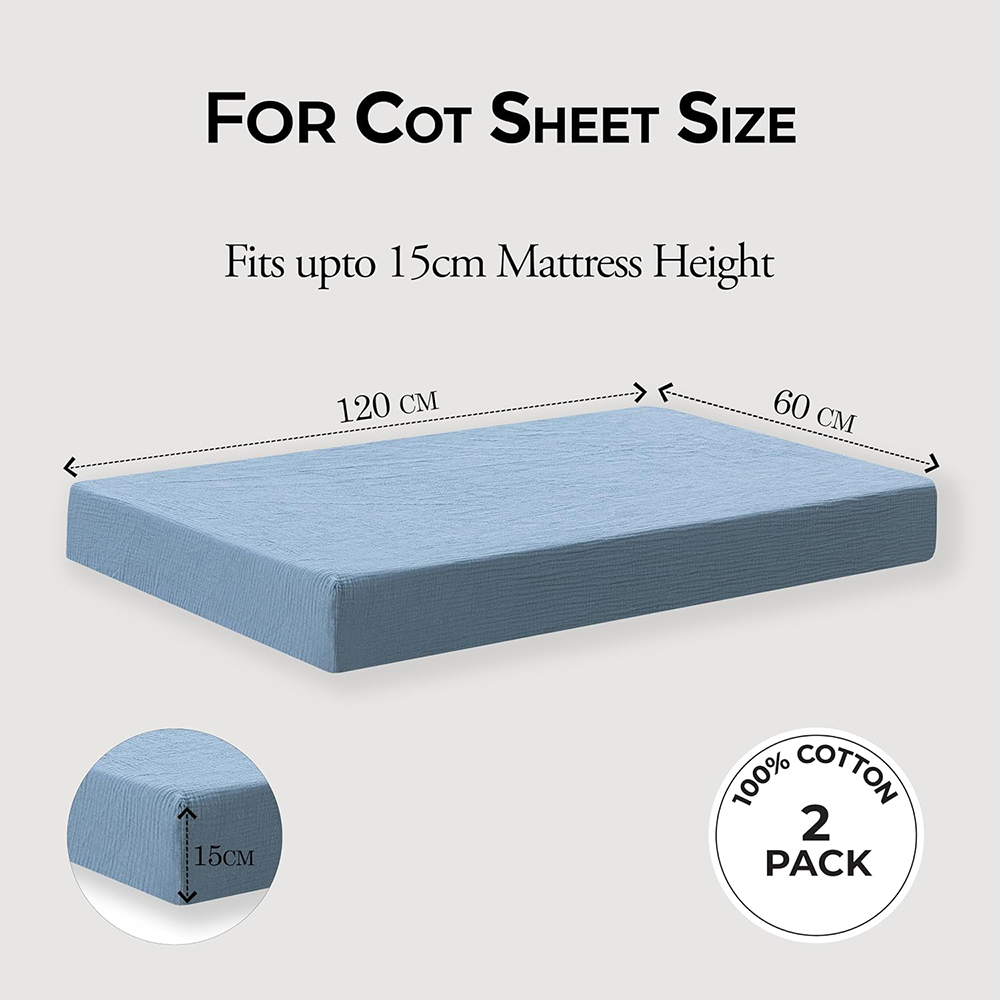 MHG Living Blue and Light Blue Cotton Muslin Fitted Cot Bed Sheet 120 x 60cm 2 Pack Image 6