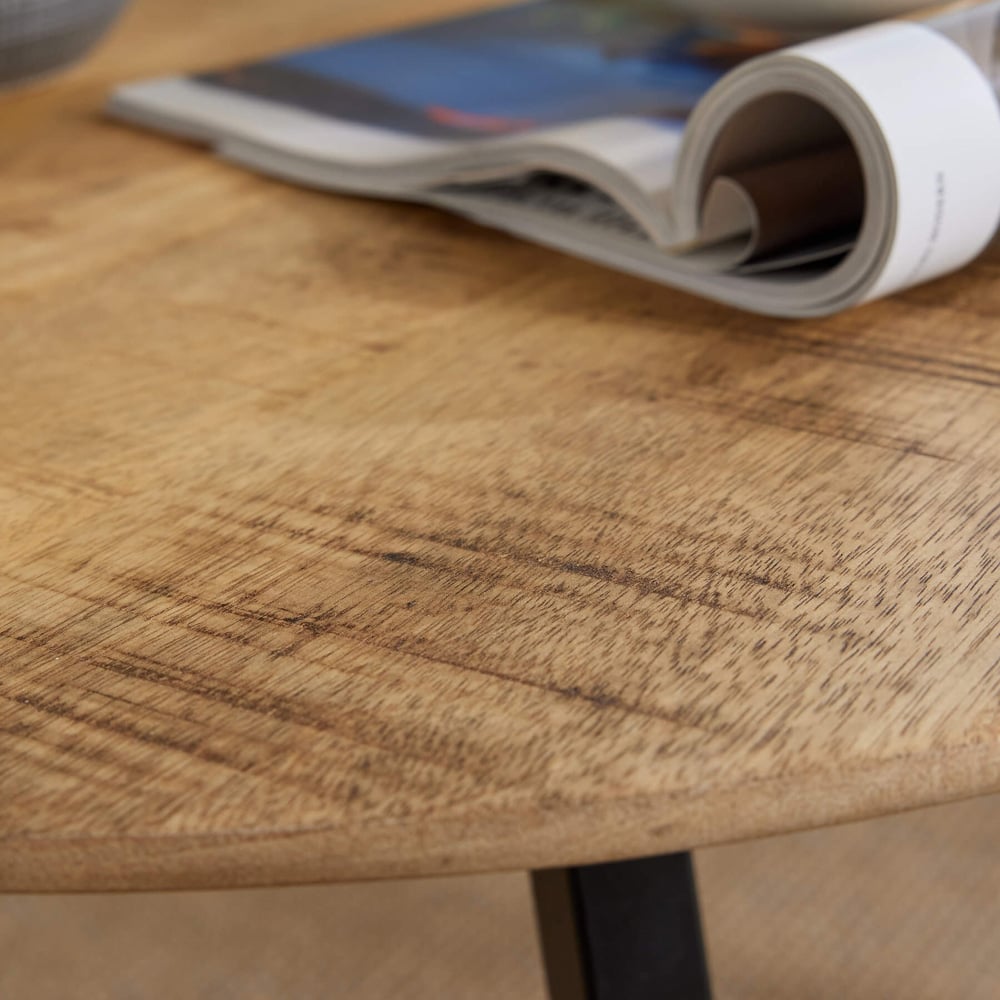 Home Source Caribou Natural Mango Wooden Top Round Coffee Table with Iron Legs Image 4