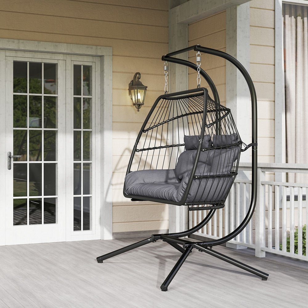 Outsunny 2 Seater Dark Grey Rattan Hanging Egg Chair with Stand and Cushion Image 4