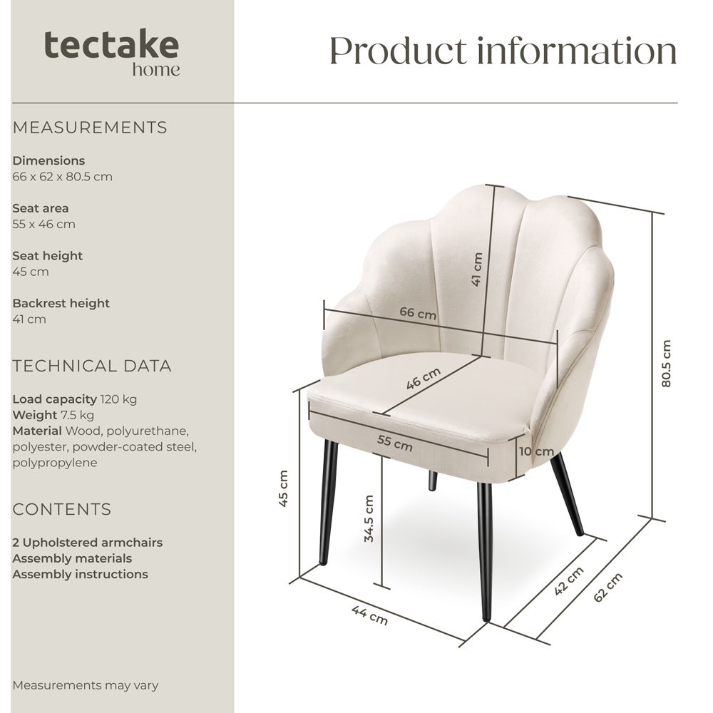 tectake Hellen Set of 2 Cream and Black Shell Shaped Velvet Accent Chair Image 9