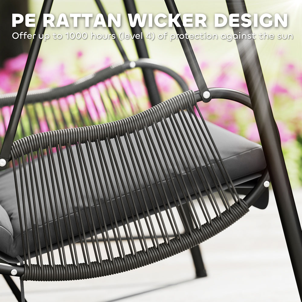 Outsunny Black and Dark Grey Rattan Swing Chair with Stand and Cushion Image 7