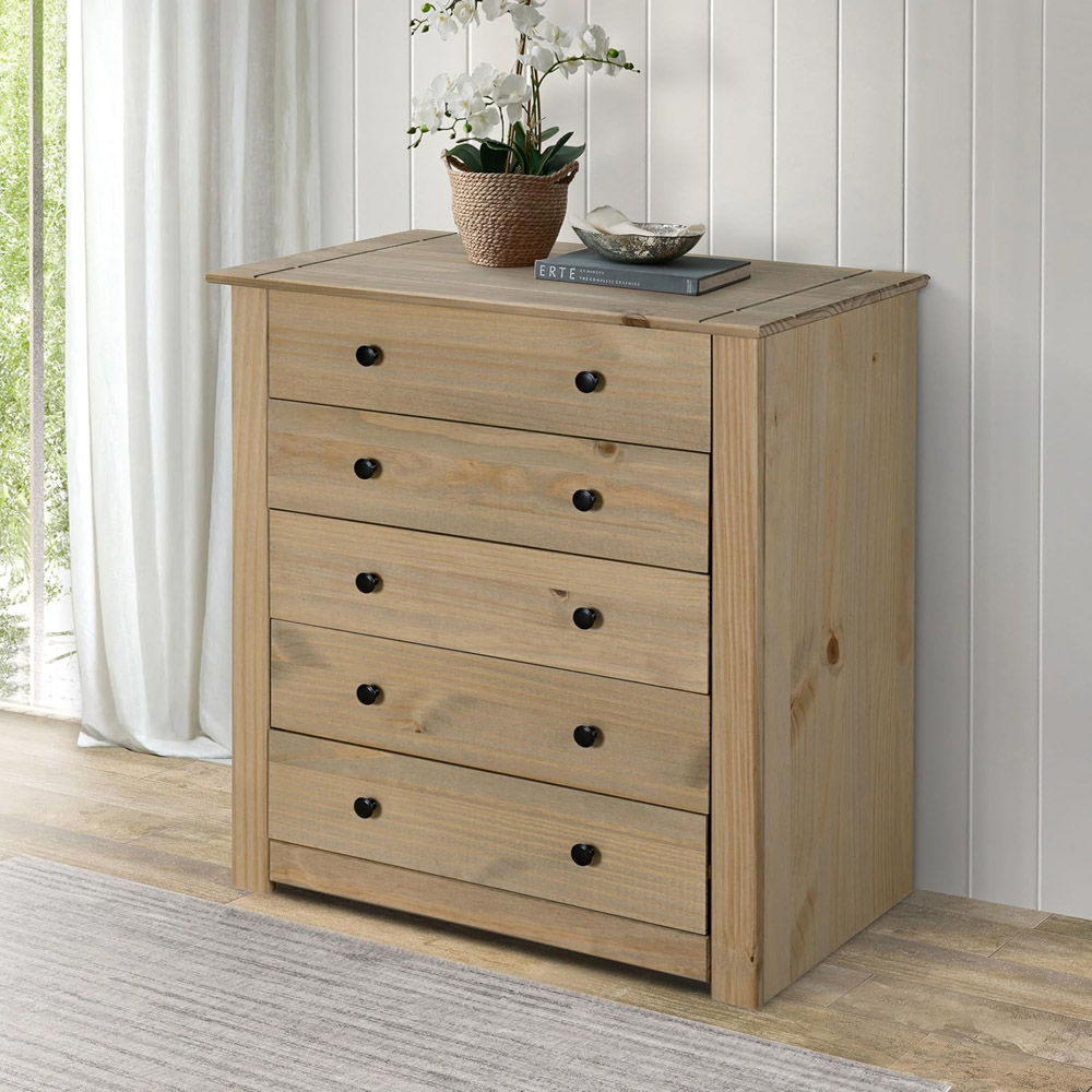 Mews Panama Solid Pine Wood Waxed Oak Finish 5 Drawer Chest of Drawers Image 6