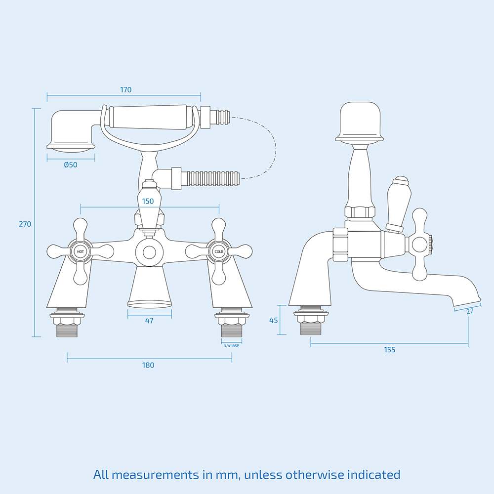 Nes Home Victorian Traditional Chrome Cross Head Bath Shower Mixer Tap with Handset Image 3