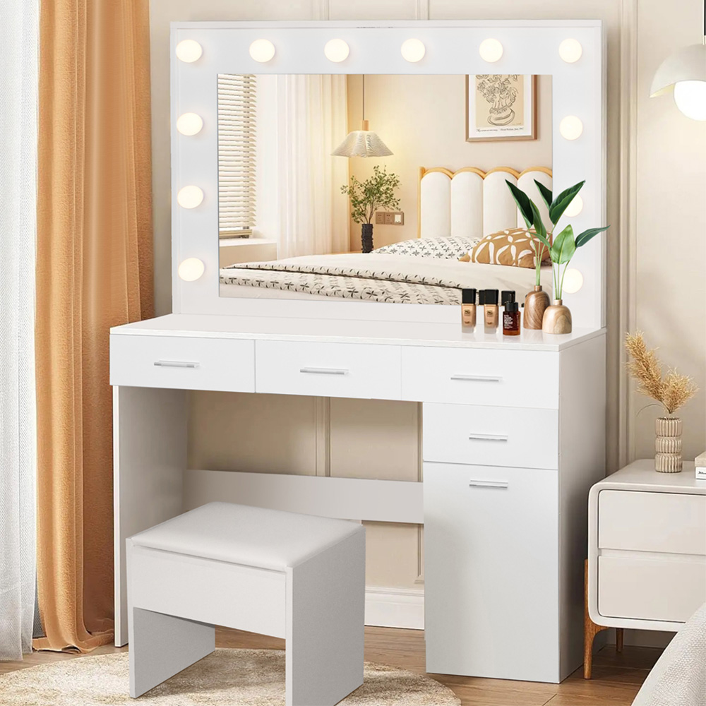 Comfy Living 4 Drawer 1 Cupboard White Dressing Table Set with LED Lit Mirror Image 1