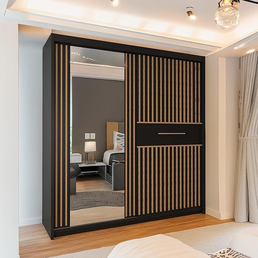 Sliding Wardrobes 4U 2 Sliding Door Black Modern Wide Oak Striped Mirrored Wardrobe 203cm Image 3