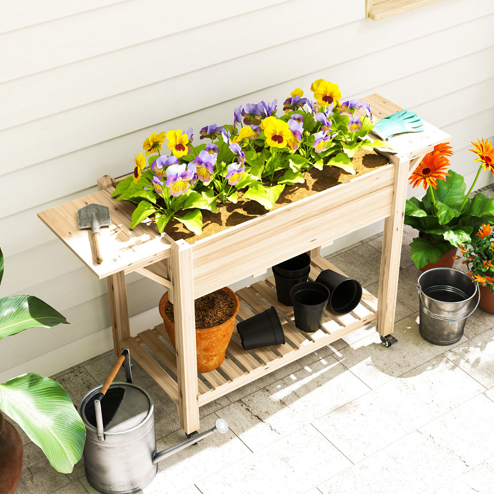 Outsunny Liner Natural Wooden Raised Planter with Lockable Wheels 1.7 x 4.7ft Image 3