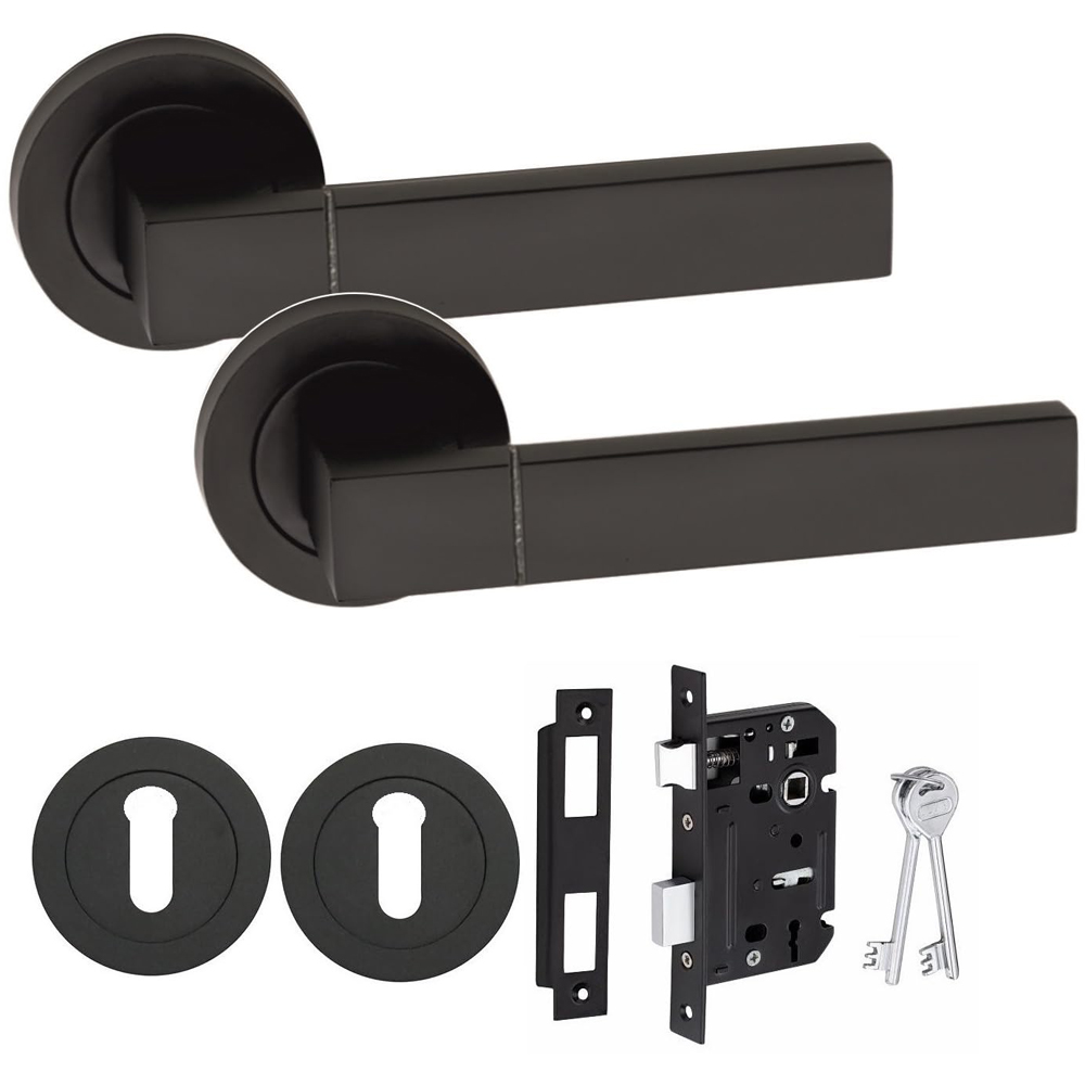 Golden Grace Capri Matt Black Door Handle Pair with 3 Lever Mortise Hinges and Key Hole 64m Image 2