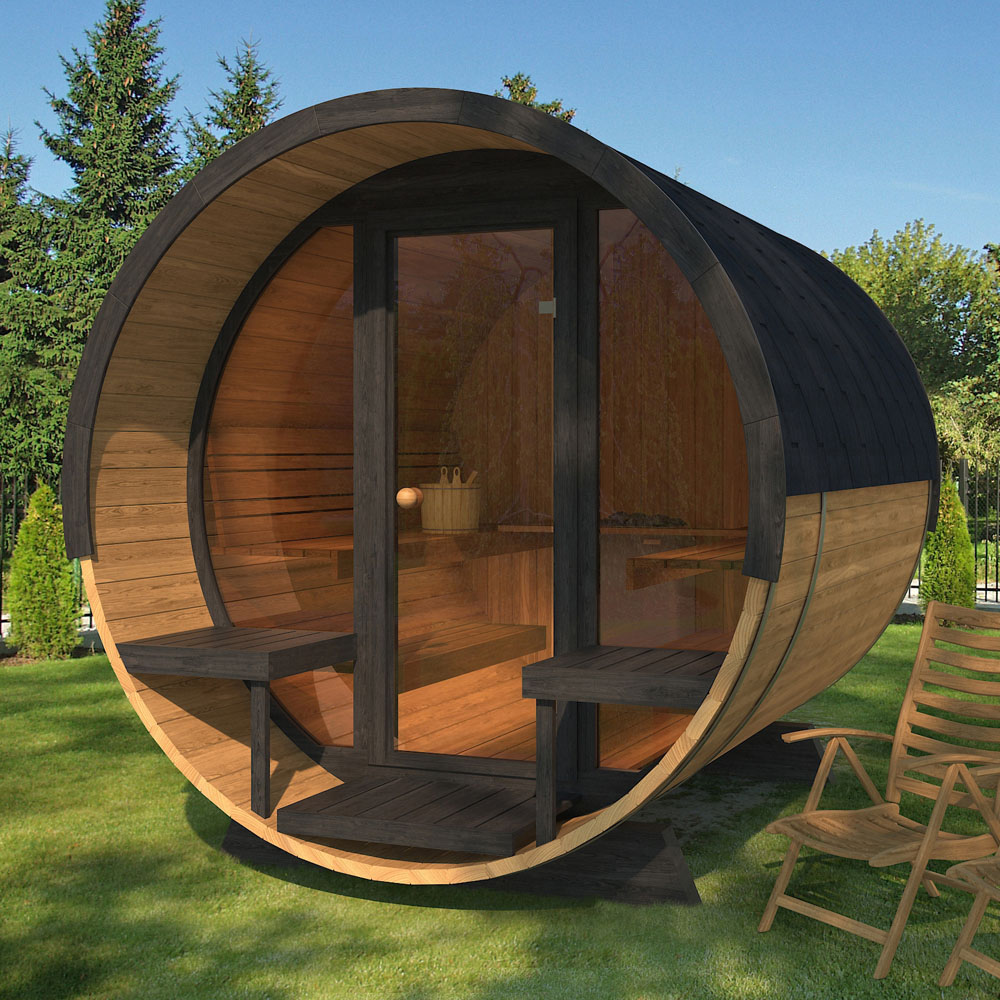 Stjarna Deluxe 280 Black Outdoor Wooden Barrel Sauna 6.8 x 9.1ft Image 2