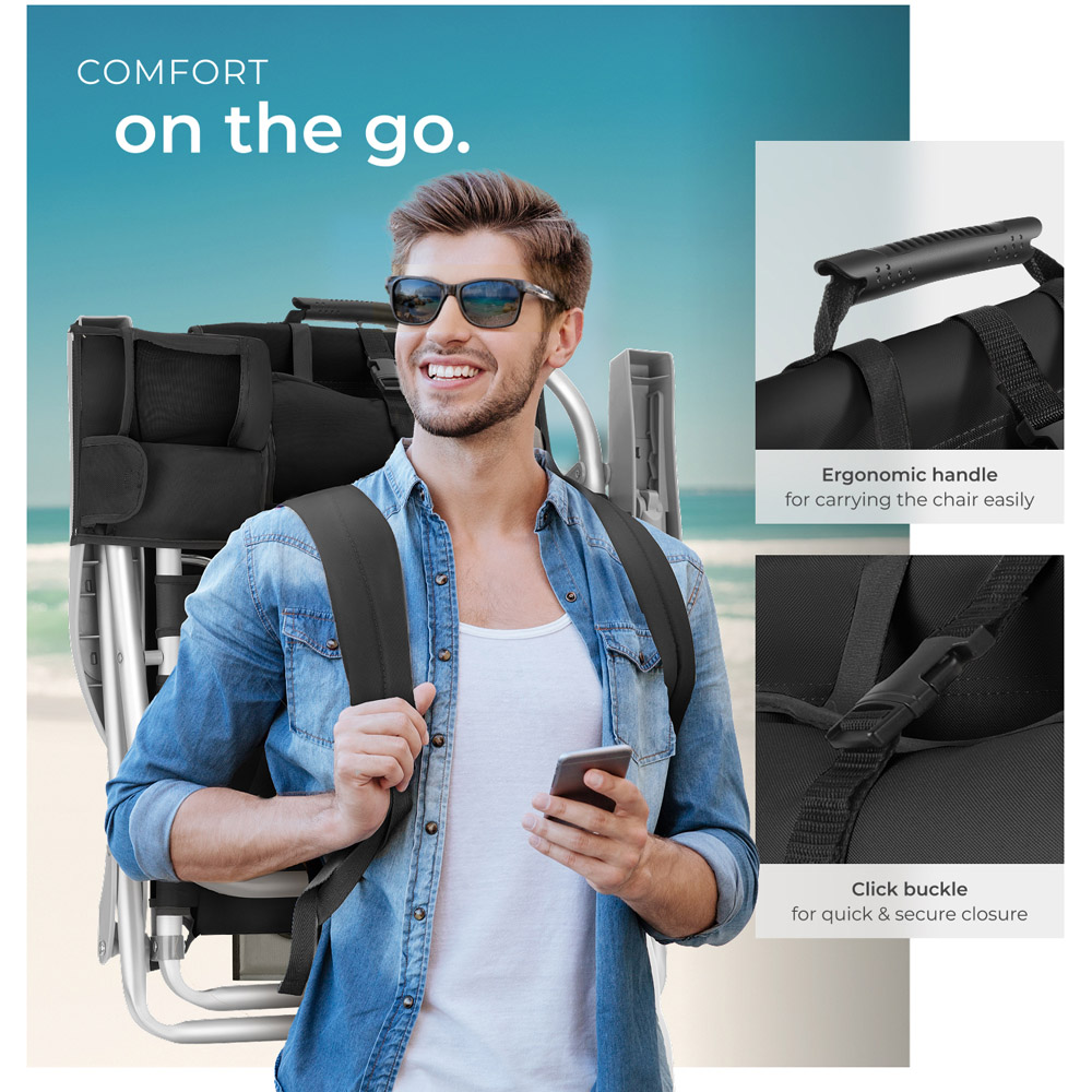 tectake Coral Set of 2 Black Foldable Beach Chair with Backpack Image 4