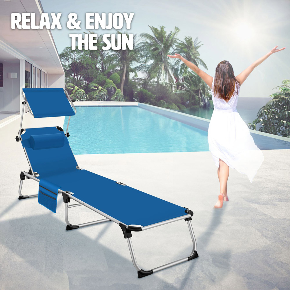 tectake Aurelie Blue Foldable and Adjustable Sun Lounger with Headrest Image 3