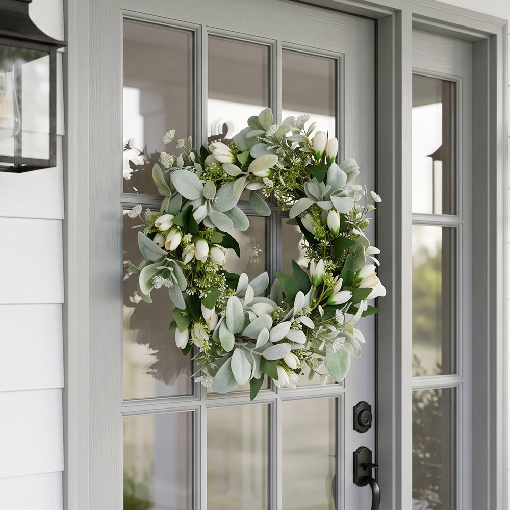 Living and Home Artificial Tulip Rustic Door Wreath with Green Leaves 43cm Image 2