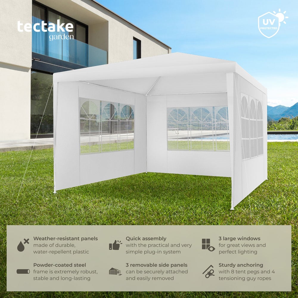 tectake Barinas 3 x 3m White Water Resistant Gazebo with 3 Side Panels Image 6