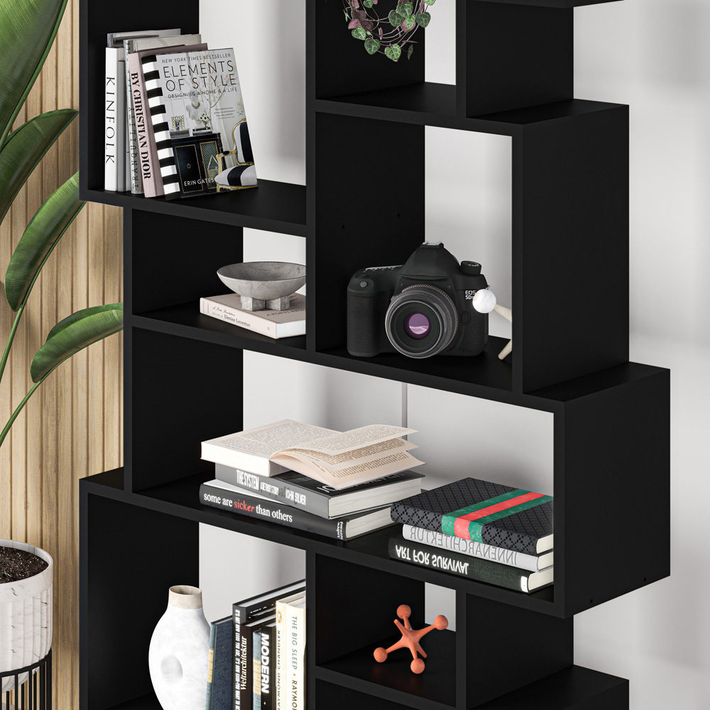 Decortie Karmato 10 Shelf Black Bute Slim Asymmetric Tall Freestanding Bookcase Image 3