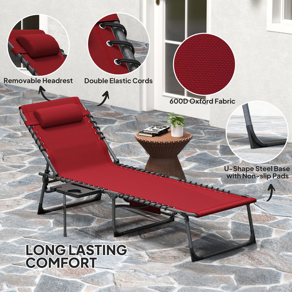 Outsunny Red 5 Level Adjustable Folding Sun Lounger with Side Table Image 8