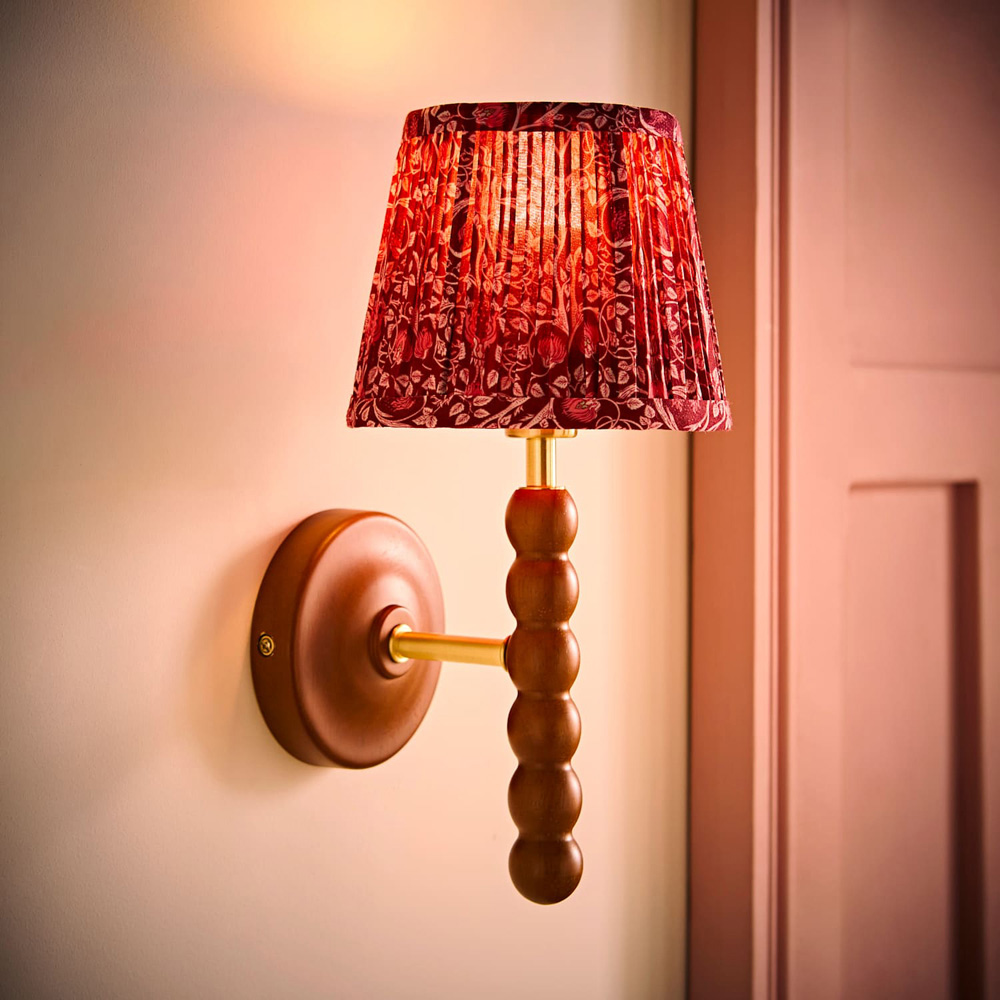 ValueLights Bobble Burgundy Floral Pleated Shade Walnut Wooden Wall Light with Bulb Image 2