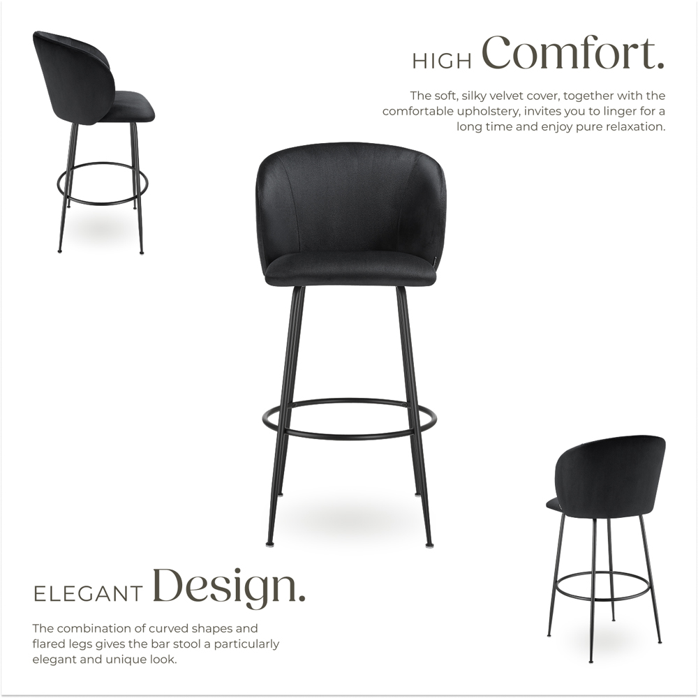 tectake Luana Black Velvet Look Padded Bar Stool Set of 4 Image 4