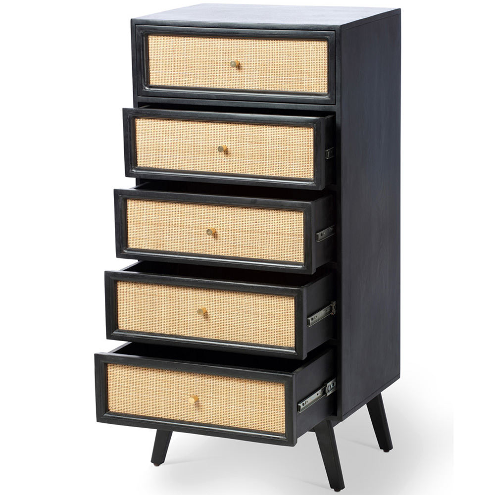 Desser Venice 5 Drawer Tall Black Rattan and Mango Wood Chest of Drawers Image 3