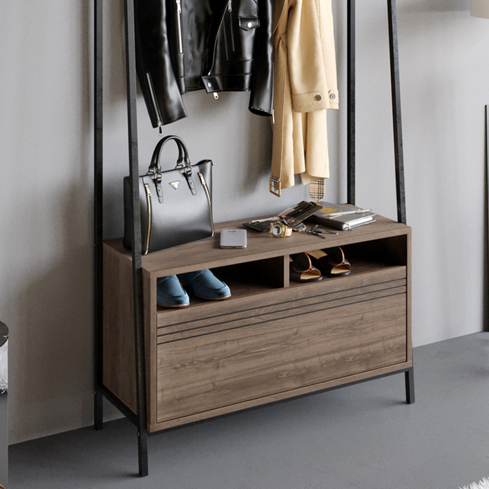 Decorotika Devin Single Door 2 Shelf Walnut and Black Coat and Shoe Rack Image 3