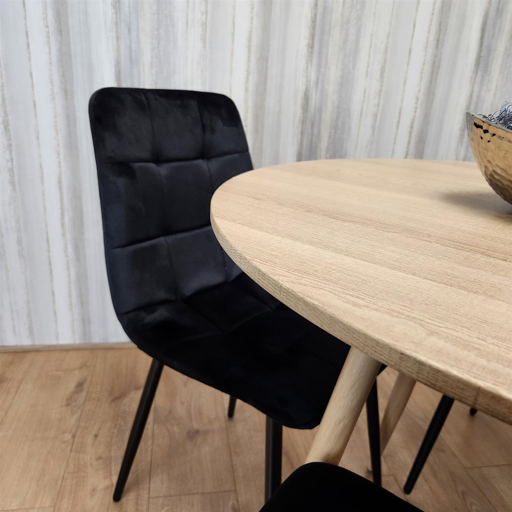 Portland 4 Seater Velvet Round Dining Set Wood Effect and Black Image 3