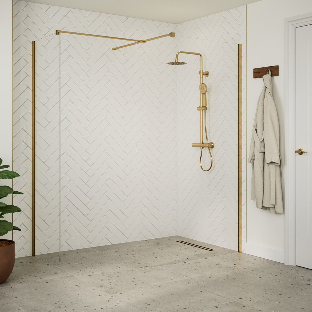 Bathstore Nero Glass Wetroom Shower Panel with Brushed Brass Profile and Side Bar 800mm Image 2
