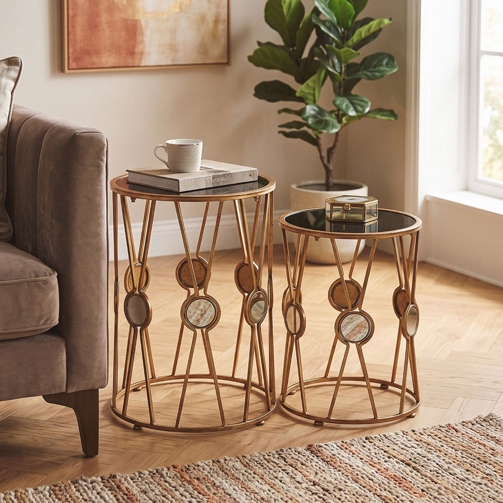 Premier Housewares Faiza Gold Finish Cross Design Round Table Set of 2 Image 3