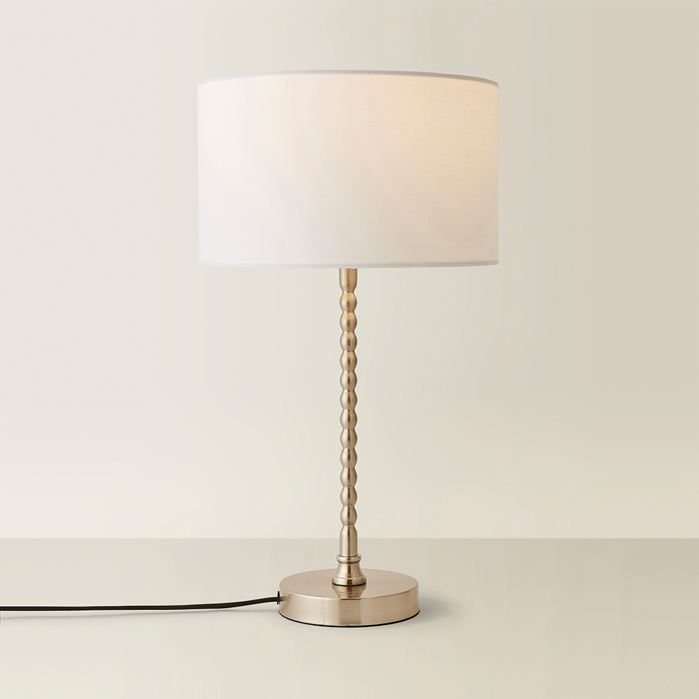 ValueLights Maeve White and Chrome Drum Shade Bobbin Bobble Table Lamp and LED Bulb Image 5