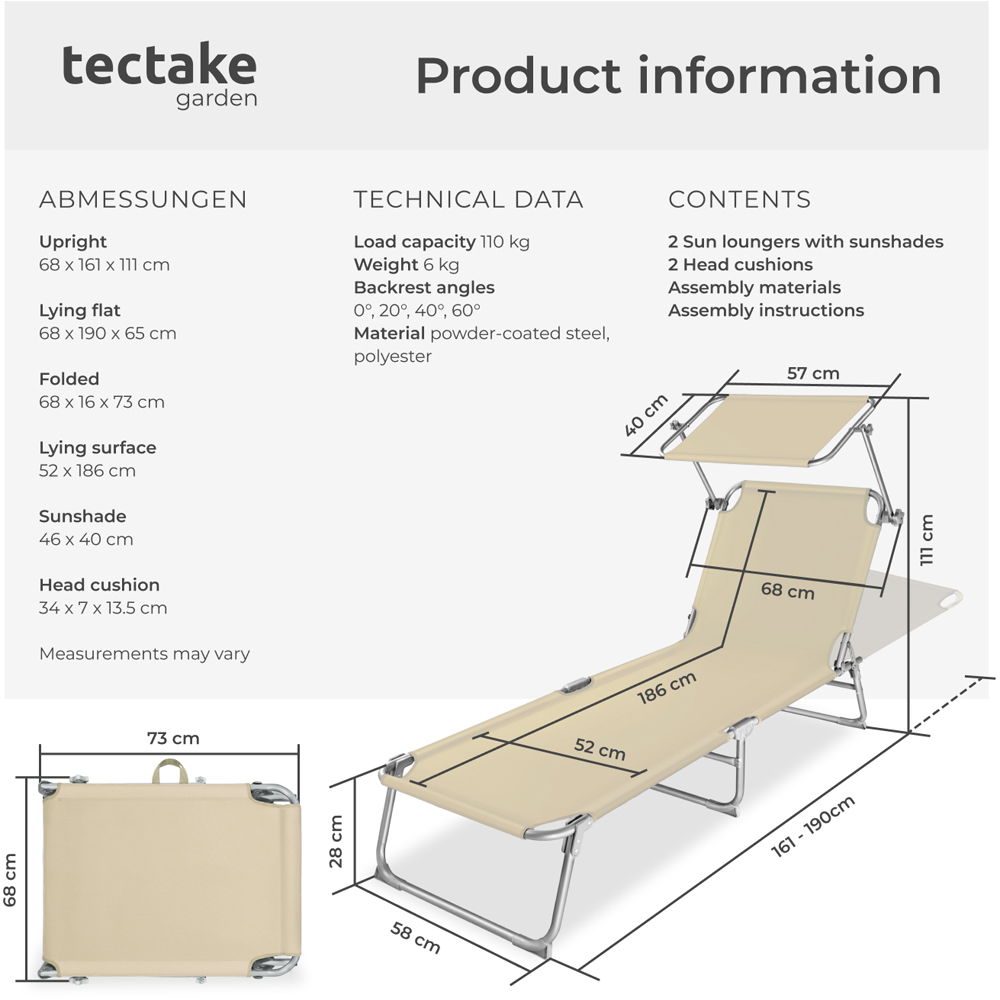 tectake Chloe Set of 2 Beige 4 Step Backrest Foldable Sun Lounger with Head Cushion Image 9